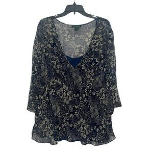 Lauren Ralph Lauren Silk Babydoll Blouse Size 20W Floral Chiffon Navy Cream